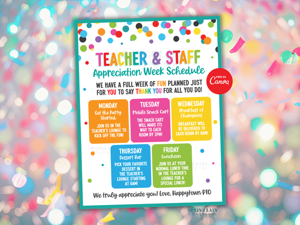 Teacher Appreciation Week Bundle, PTO Staff Kit, Editable Canva Templates, Candy Bar Wrapper, Gift Tag, Schedule, Thank You Sign/Card