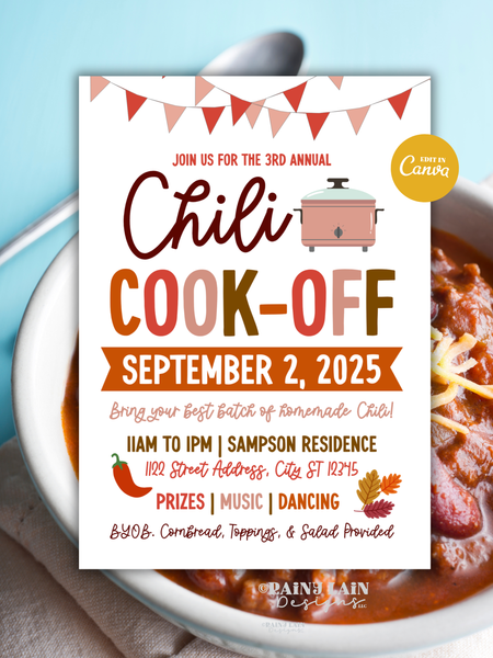 Editable Fall Chili Cook-Off Flyer, Chili Cook Off Contest, Invitation Template, Chili Competition Fundraiser, Canva Template