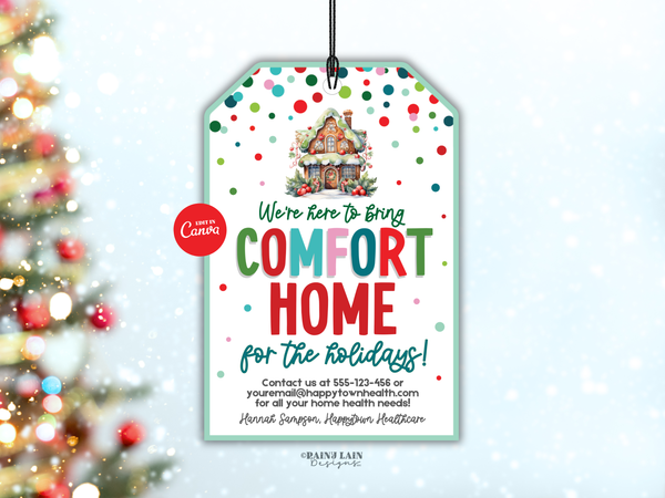 Christmas Referral Gift Tag, Comfort Home for the Holidays, Healthcare Marketing, Editable in Canva