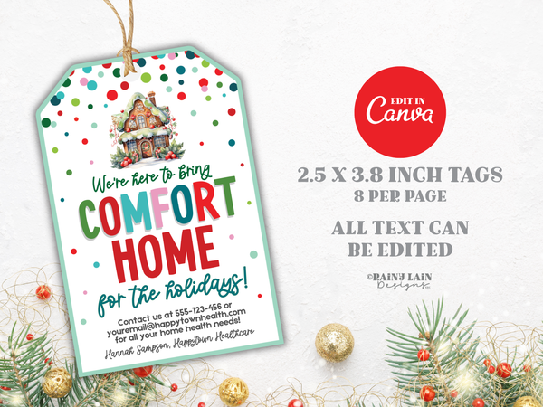Christmas Referral Gift Tag, Comfort Home for the Holidays, Healthcare Marketing, Editable in Canva