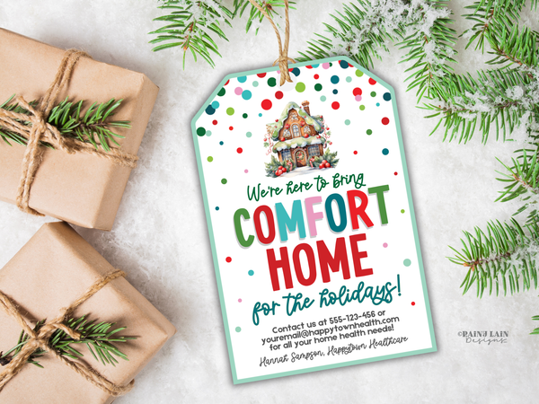 Christmas Referral Gift Tag, Comfort Home for the Holidays, Healthcare Marketing, Editable in Canva