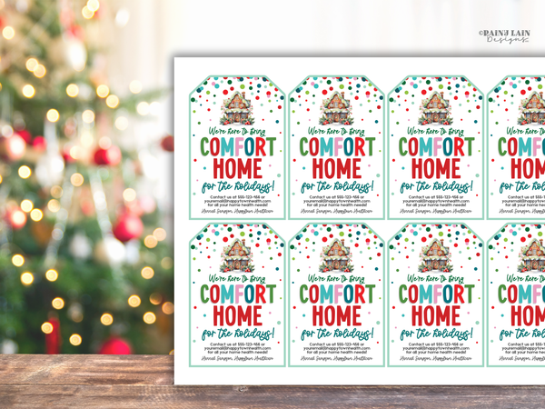 Christmas Referral Gift Tag, Comfort Home for the Holidays, Healthcare Marketing, Editable in Canva
