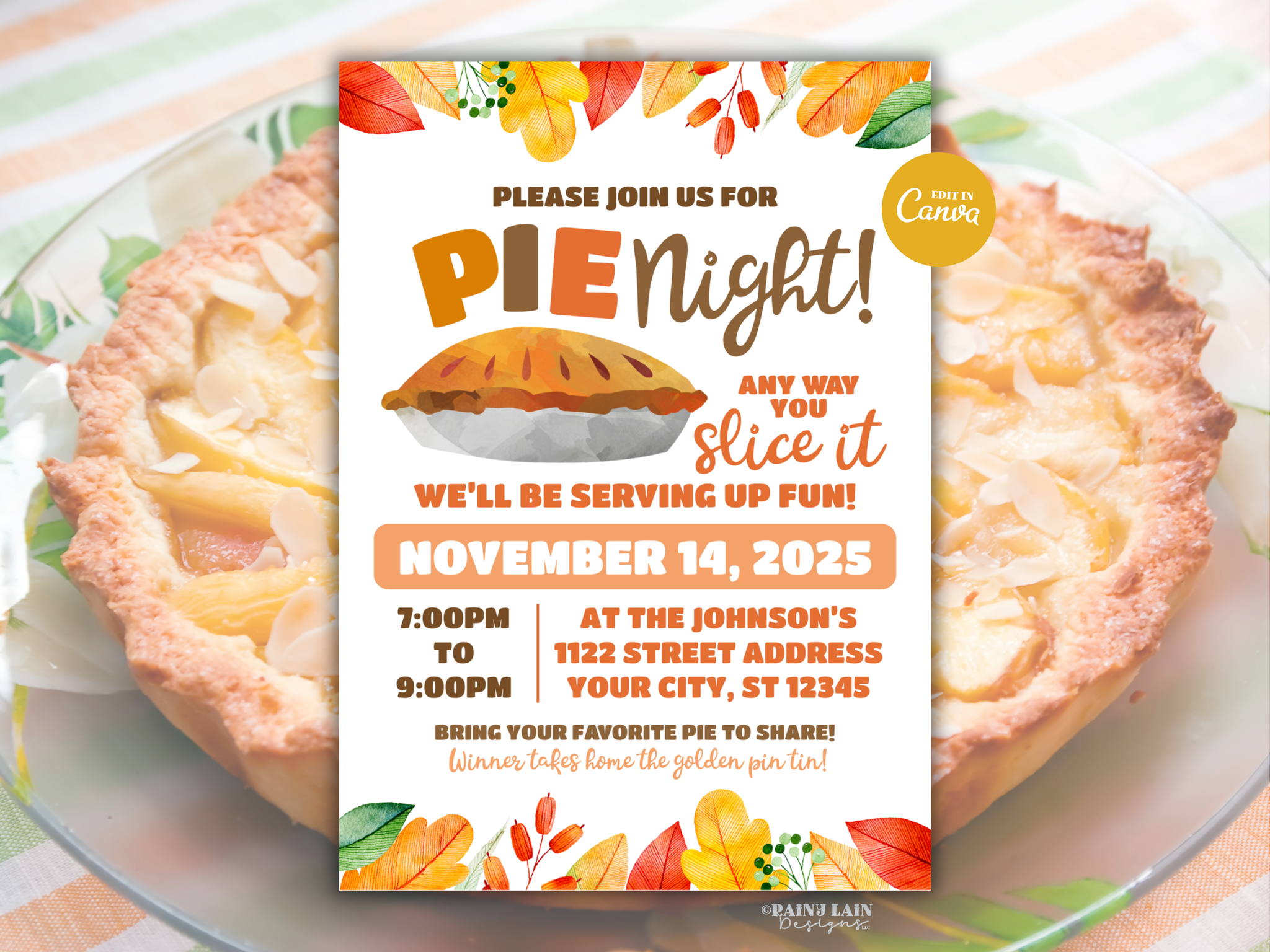 Pie Night Invitation, Pie Fundraiser Flyer, Pie and Wine, Pie and Cocktails Friendsgiving Thanksgiving Pie Making Contest Pie Eating Contest