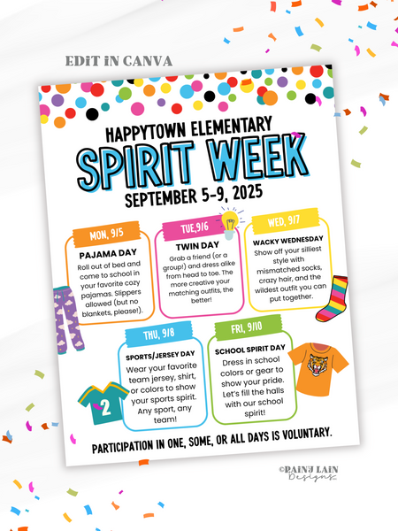 School Spirit Week Flyer, PTO Flyer Templates, School Spirit Week Ideas, Downloadable Flyer