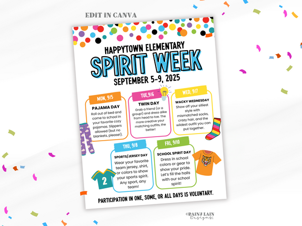 School Spirit Week Flyer, PTO Flyer Templates, School Spirit Week Ideas, Downloadable Flyer