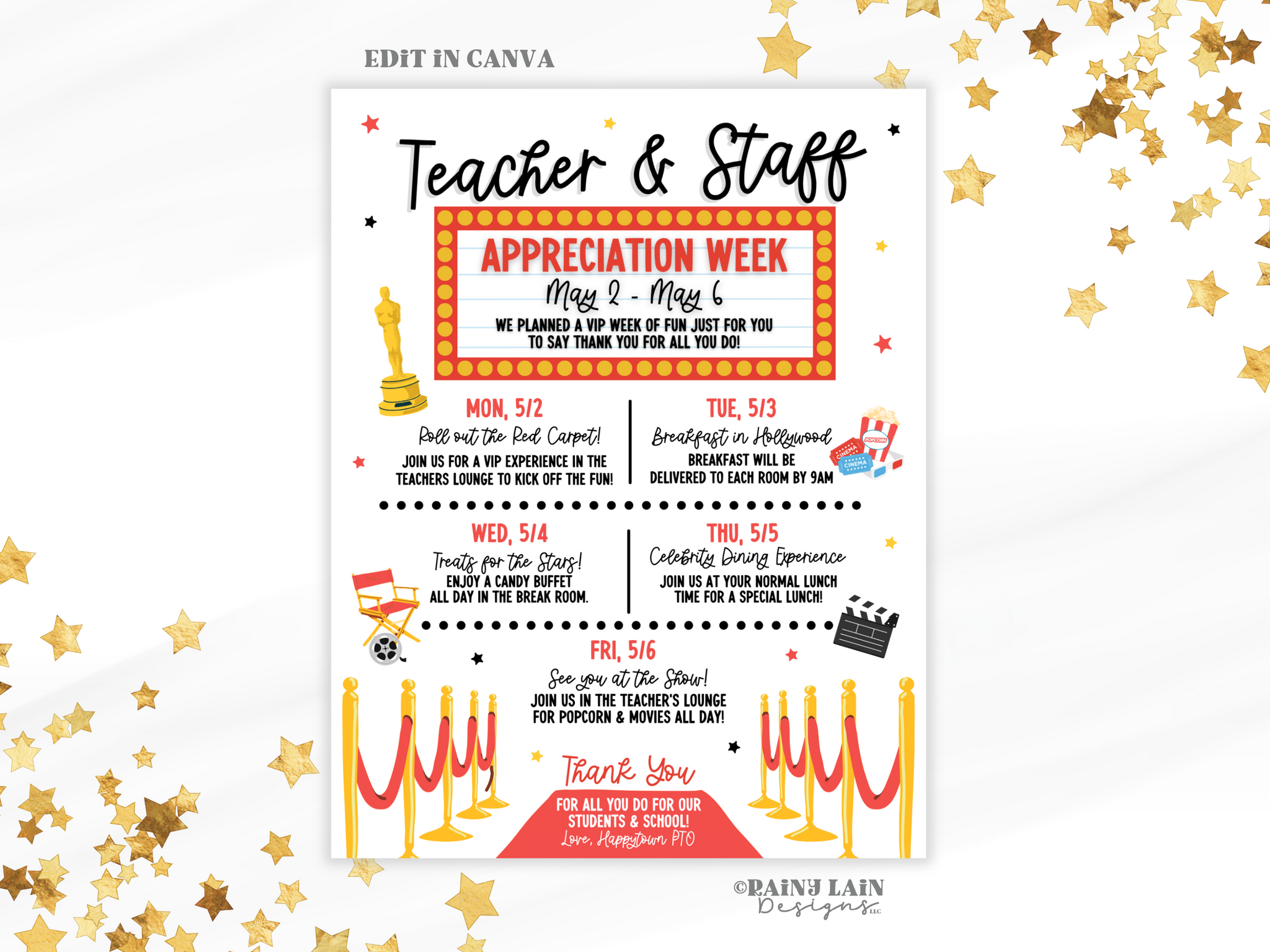 Editable Teacher Appreciation Week Flyer Template, Hollywood Theme, Movie Star, You're a Star, Staff Appreciation Schedule, Itinerary