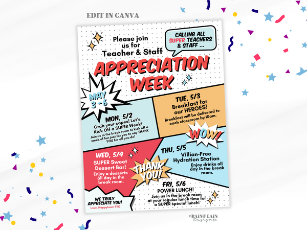 Editable Superhero Teacher Appreciation Week Flyer Template, Comic Book, Super Staff Appreciation Schedule, Itinerary PTO