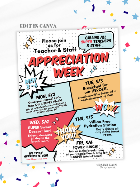Editable Superhero Teacher Appreciation Week Flyer Template, Comic Book, Super Staff Appreciation Schedule, Itinerary PTO