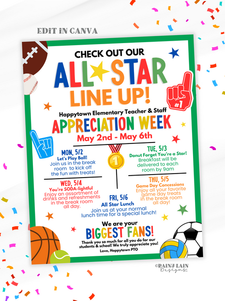 Editable Teacher Appreciation Week Flyer Template, Sports Theme, All Star Line Up, You're a Star, Staff Appreciation Schedule, Itinerary
