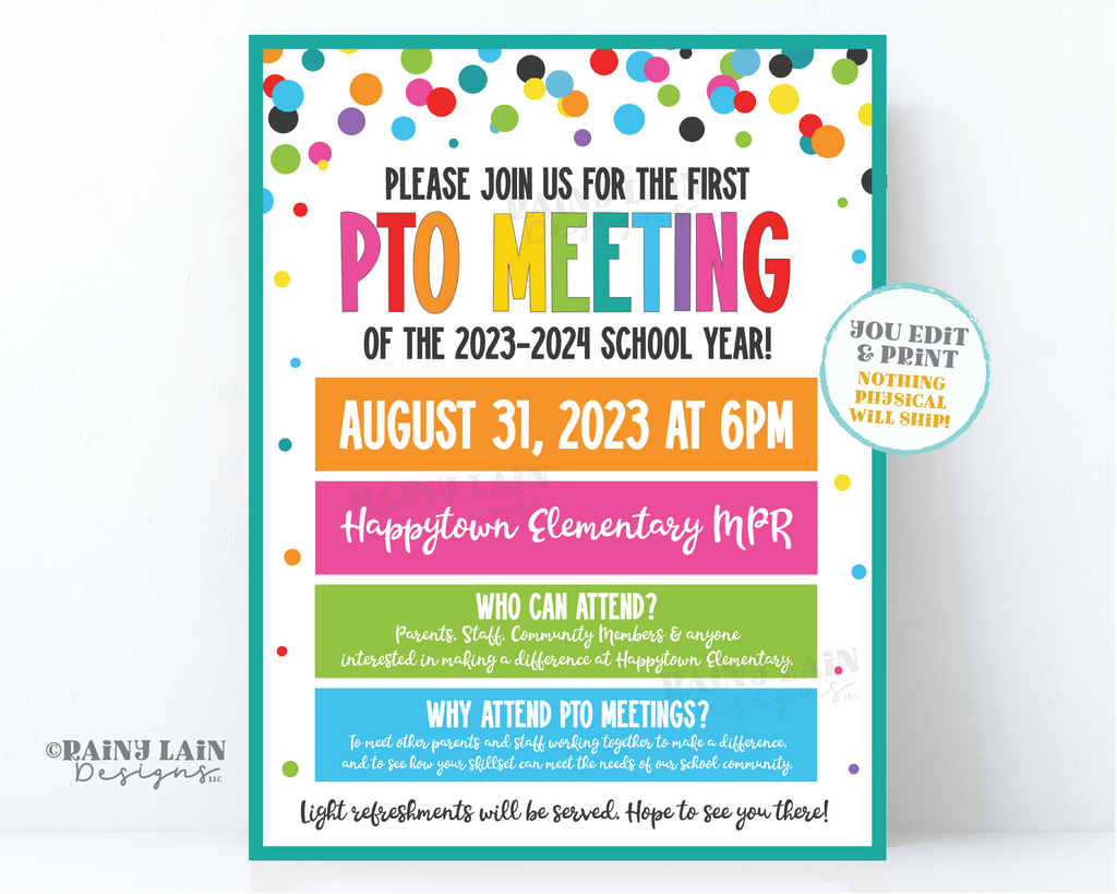 Pto Designs Editable PTO Meeting Flyer Template, Printable School PTA Newsletter ...