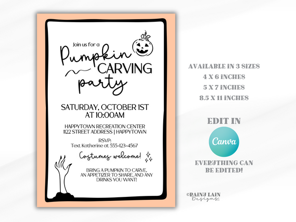 Pumpkin Carving Party Invitation Template, Editable in Canva, Hand drawn doodles