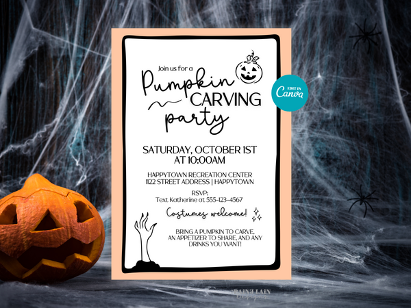 Pumpkin Carving Party Invitation Template, Editable in Canva, Hand drawn doodles