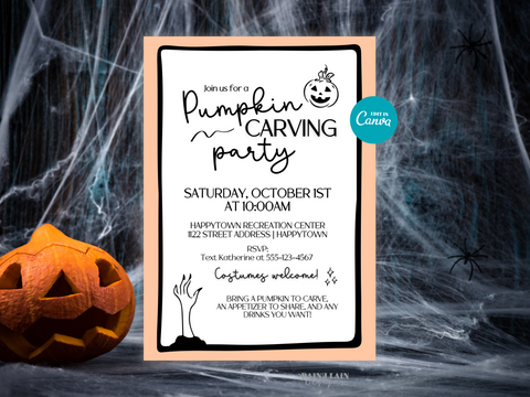 Pumpkin Carving Party Invitation Template, Editable in Canva, Hand drawn doodles