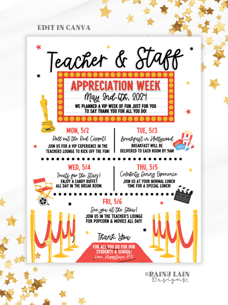 Editable Teacher Appreciation Week Flyer Template, Hollywood Theme, Movie Star, You're a Star, Staff Appreciation Schedule, Itinerary