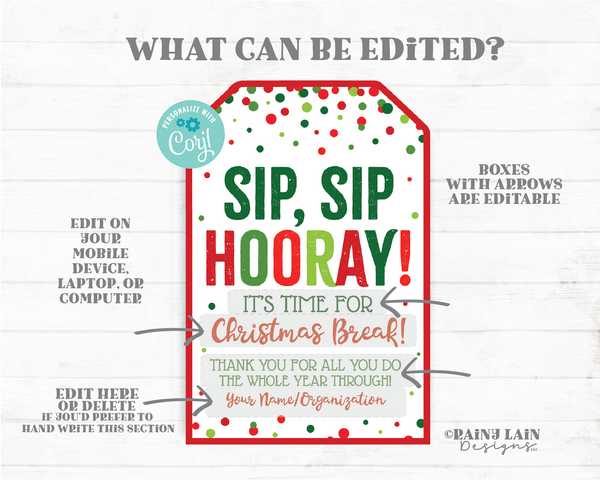 Sip Sip Hooray Christmas Tag Winter Break Straw Favor Drink Coffee Printable Kids From Teacher Student Classroom Holiday Editable Soda Cup