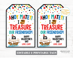 Ahoy Matey Valentine, Treasure Friendship, Popcorn, Cookies, Booty, Editable Gift Tag, Classroom Kids Printable Digital Download