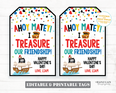 Ahoy Matey Valentine, Treasure Friendship, Popcorn, Cookies, Booty, Editable Gift Tag, Classroom Kids Printable Digital Download