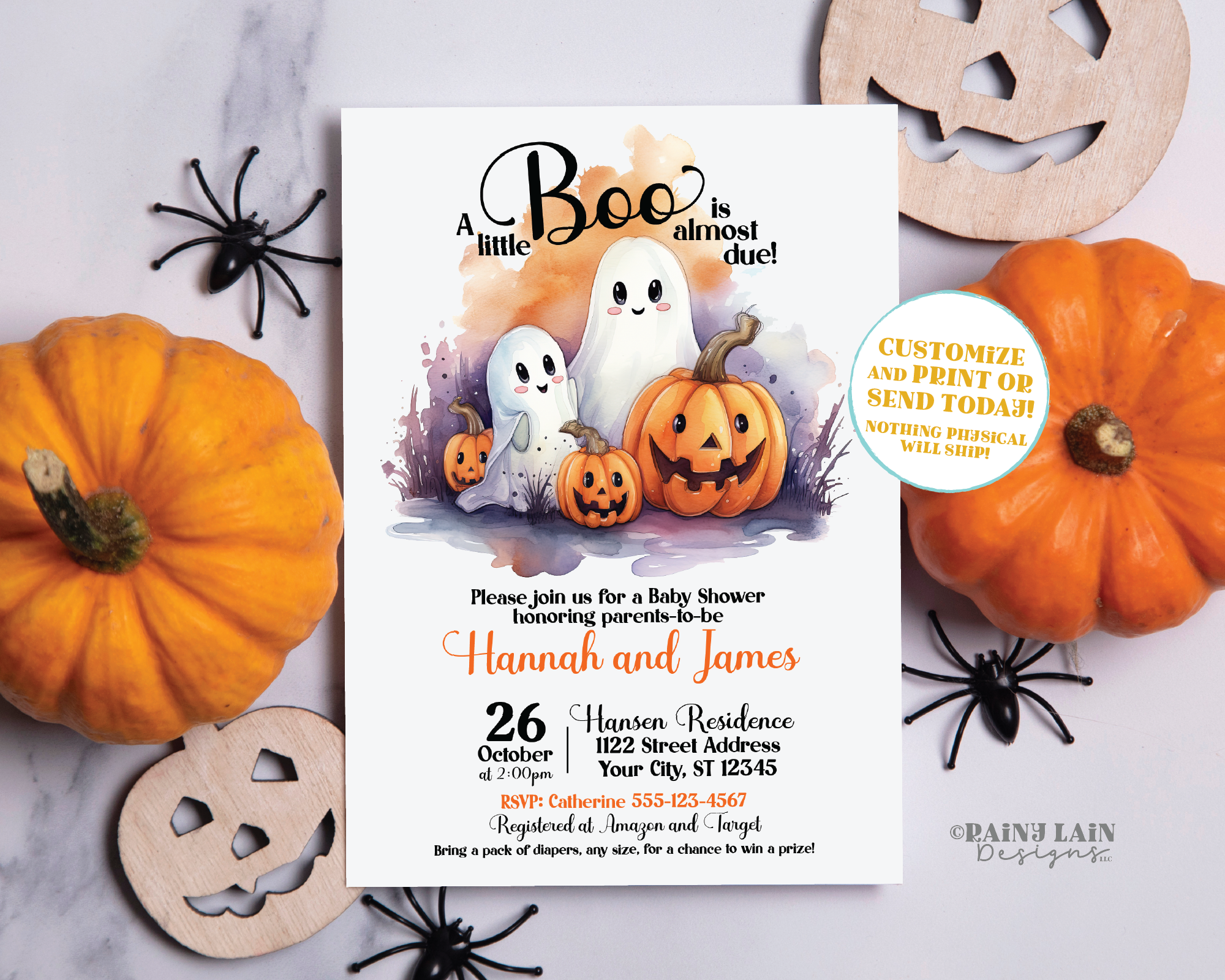 Editable Halloween Baby Shower Invitation Template, A Little Boo Invite, Pumpkin, Ghost, Printable, Watercolor Digital Download