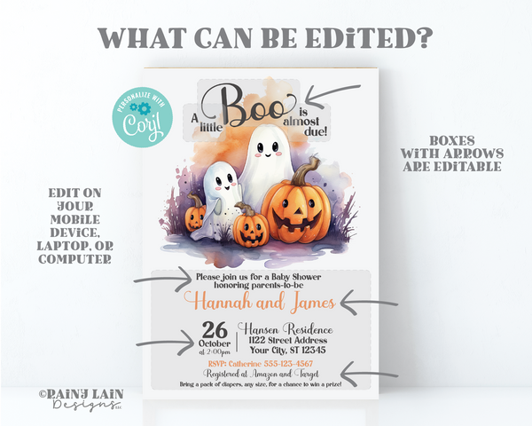 Editable Halloween Baby Shower Invitation Template, A Little Boo Invite, Pumpkin, Ghost, Printable, Watercolor Digital Download