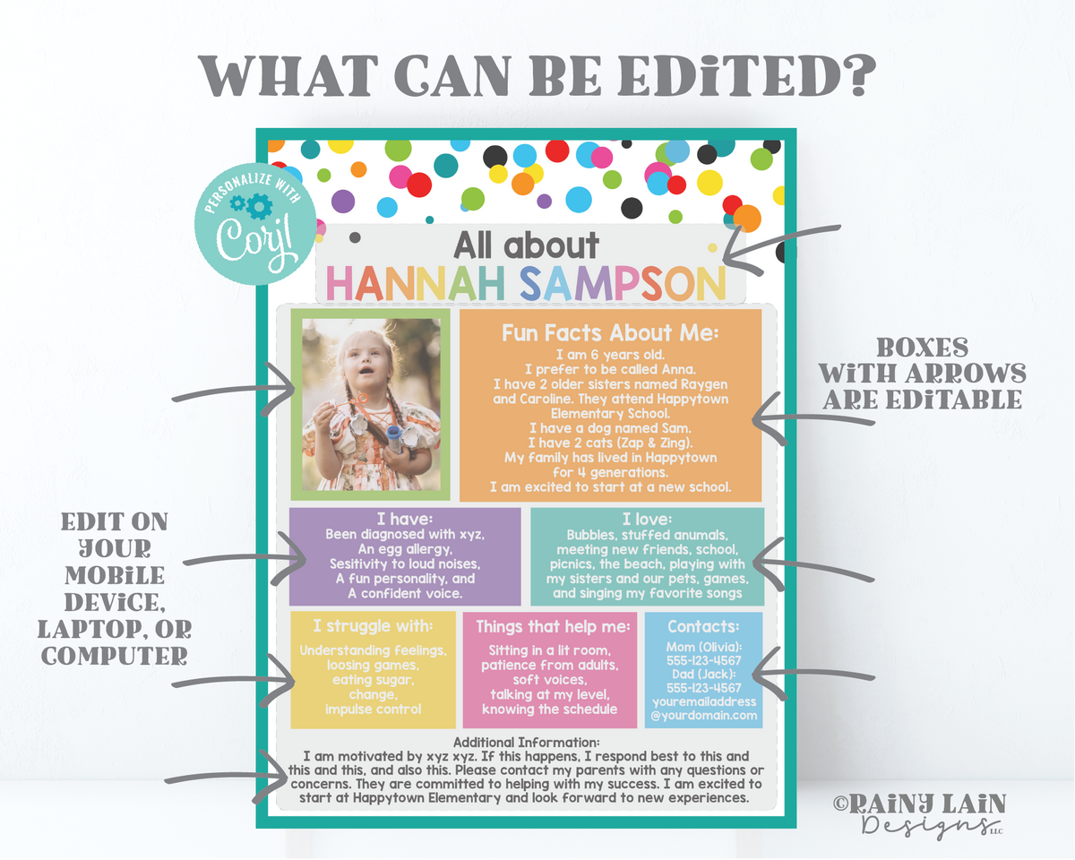Editable All About Me Child Info Template, Back to School Special Need ...