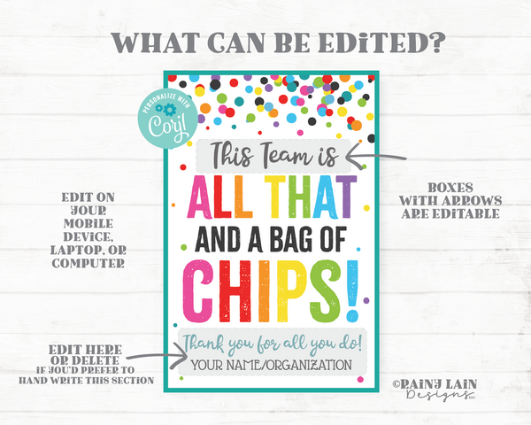 Editable Chips Gift Tag, You're all that and a bag of chips, Employee, Teacher Appreciation Company Year End of School Staff Student PTO