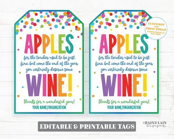 Apples for teacher used to be fine, but you deserve Wine Gift Tag End of School Year Employee Appreciation Staff Teacher Last Day of School