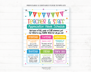 Teacher Appreciation Week Schedule, Editable Flyer, Staff Appreciation Week Invitation, Week Itinerary, Appreciation Luncheon Invite