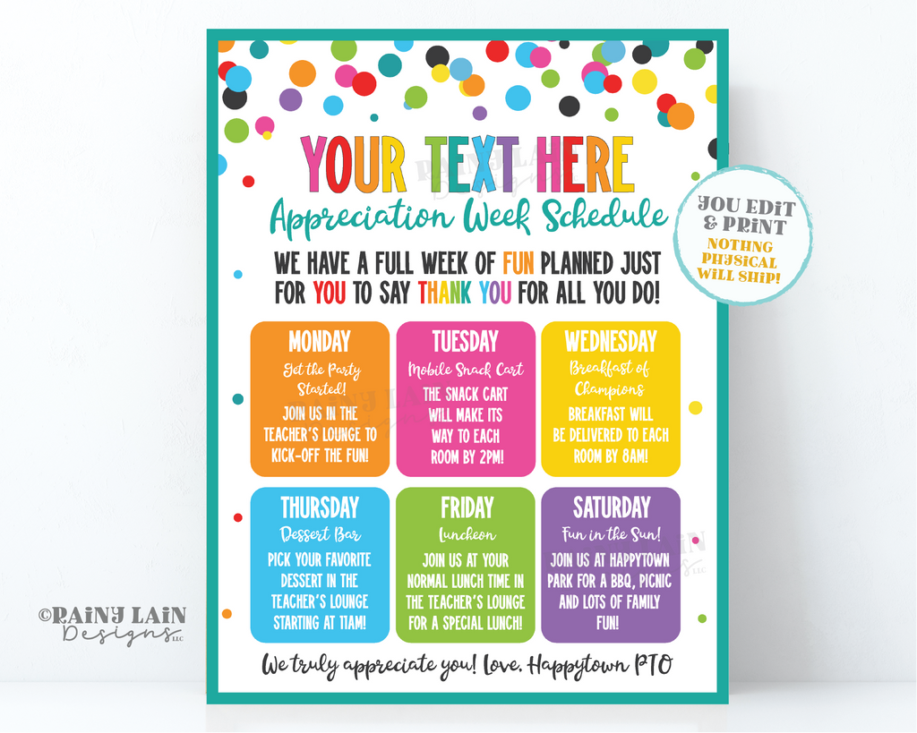 Invitations Week Editable Teacher Appreciation Week Itinerary Flyer (Digital Download ...