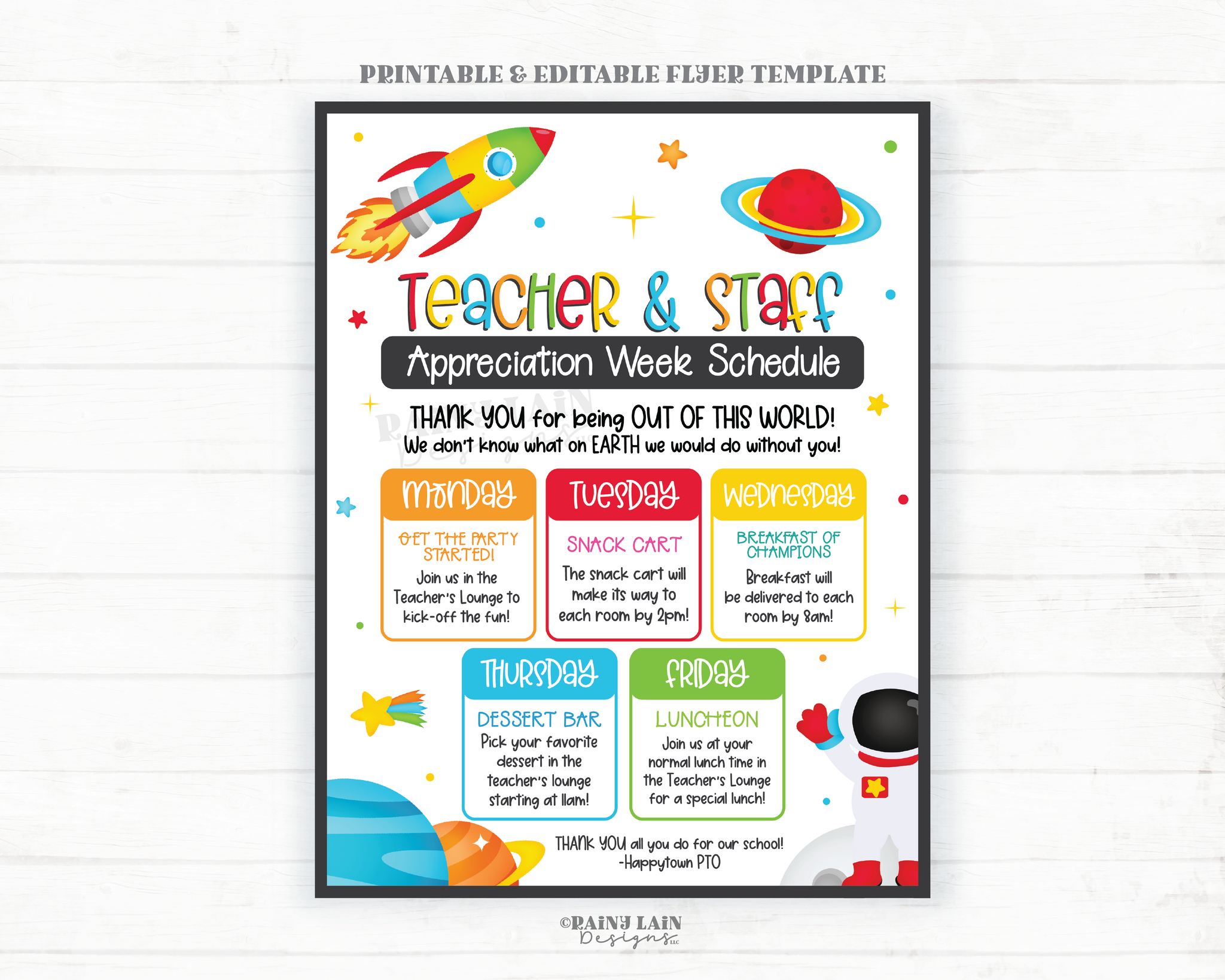 Outer Space Teacher Appreciation Week Schedule, Space Theme Editable Flyer, Staff Invitation, Itinerary, Luncheon Invite, Out of this World