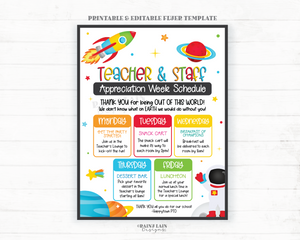Outer Space Teacher Appreciation Week Schedule, Space Theme Editable Flyer, Staff Invitation, Itinerary, Luncheon Invite, Out of this World