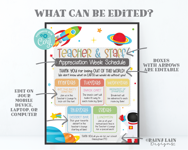 Outer Space Teacher Appreciation Week Schedule, Space Theme Editable Flyer, Staff Invitation, Itinerary, Luncheon Invite, Out of this World