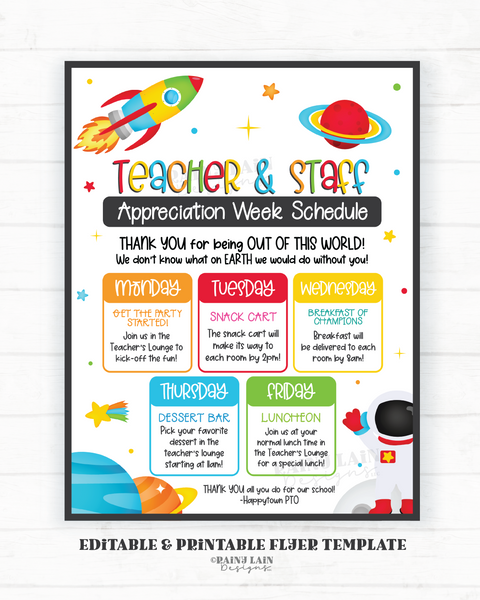 Outer Space Teacher Appreciation Week Schedule, Space Theme Editable Flyer, Staff Invitation, Itinerary, Luncheon Invite, Out of this World