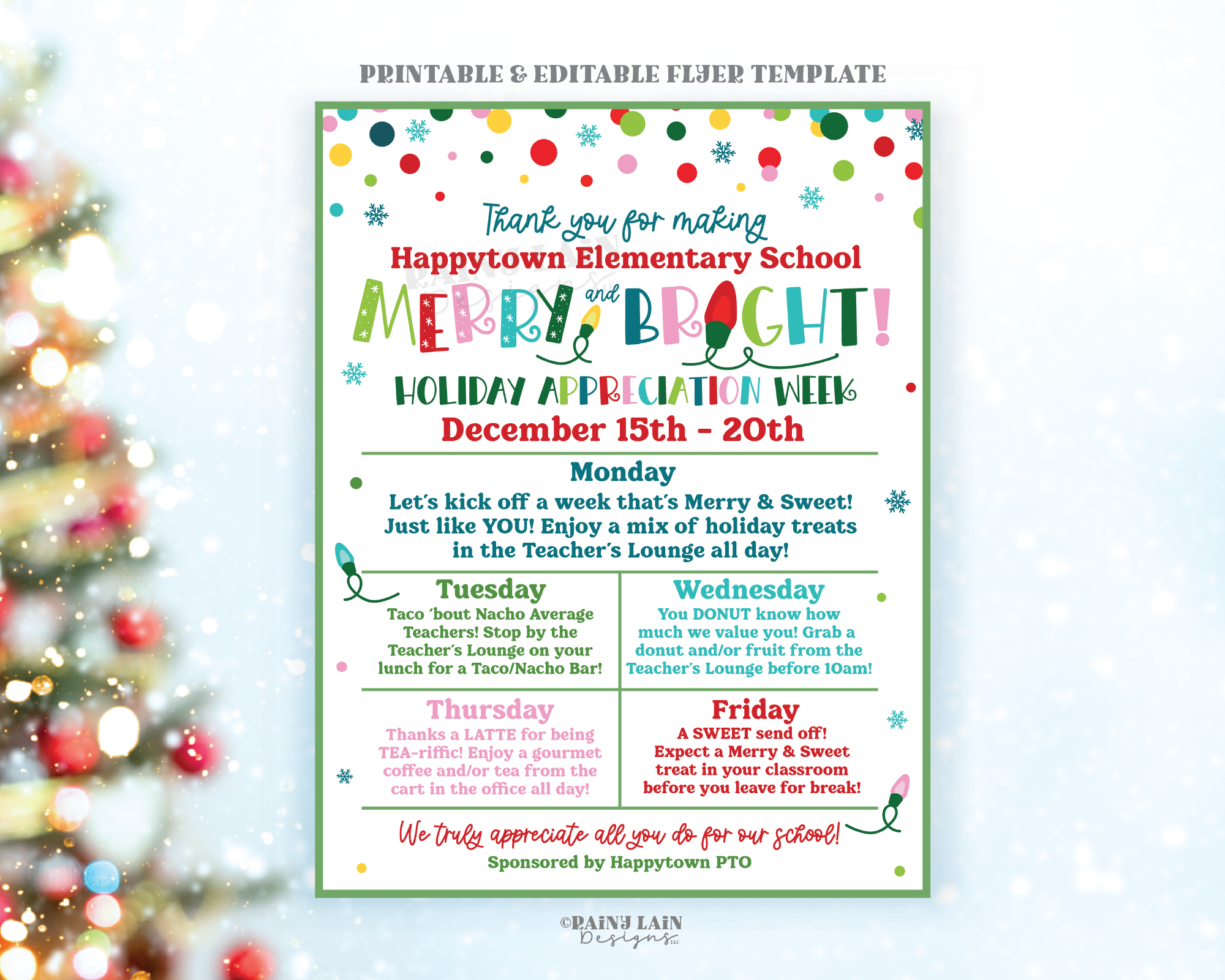 Editable Holiday Appreciation Week Itinerary, Christmas Flyer Schedule, Teacher School, Office, Hospital Luncheon Invitation Invite Calendar