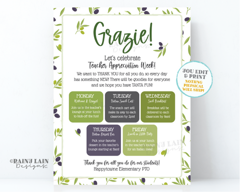 Editable Appreciation Week of Fun Schedule Flyer Itinerary Luncheon Invitation Olive Branch Invite Italy Italian Volunteer Staff Teacher