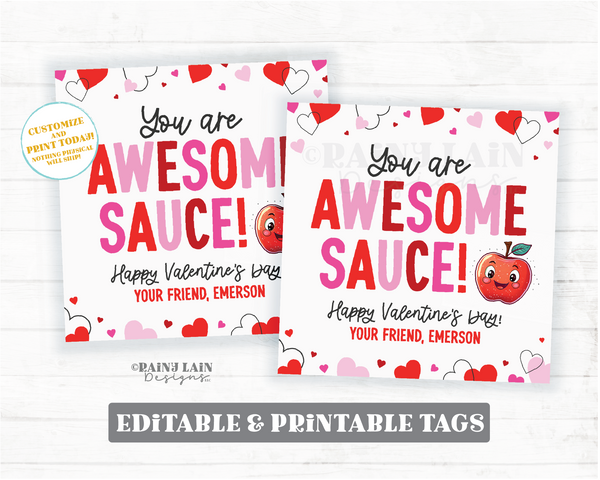Awesome Sauce Valentine, Applesauce Pouch, Apple Sauce Packet, Non-Candy, Editable Gift Tag, Preschool, Classroom Printable Digital Download