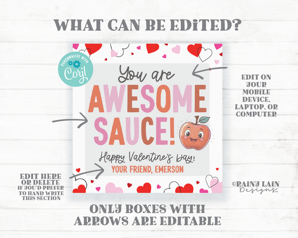 Awesome Sauce Valentine, Applesauce Pouch, Apple Sauce Packet, Non-Candy, Editable Gift Tag, Preschool, Classroom Printable Digital Download