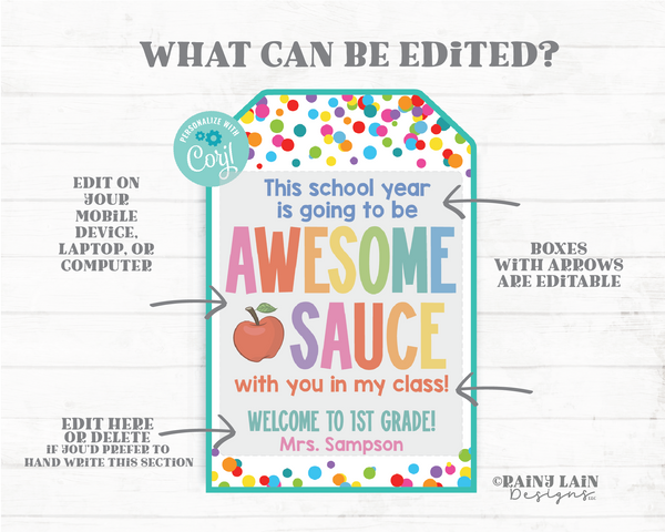 Back to School Applesauce Gift Tag This Year is going to be Awesome Sauce First Day 1st Printable Student From Teacher Favor PTO Apple Sauce
