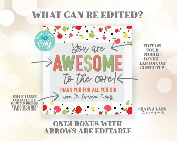 Awesome to the Core Tag, Editable Caramel Apple Kit Tag, Teacher Gift, Thank You Label, Fall Appreciation Staff, School PTO PTA