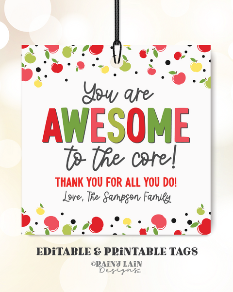 Awesome to the Core Tag, Editable Caramel Apple Kit Tag, Teacher Gift, Thank You Label, Fall Appreciation Staff, School PTO PTA