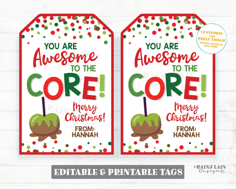 Awesome to the Core Christmas Tag Candy Apple Caramel Thank you Gift Appreciation Teacher Staff Employee Holiday Friend Teammate Classmate
