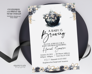 Editable A Baby is Brewing Invitation Template, Halloween Baby Shower Printable Spooky Gender Reveal, Witchy, October, Gothic