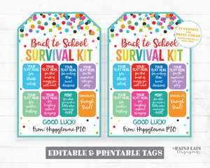 Back to School Survival Kit Tag First Day of School Gift Pack Teacher Appreciation Staff Principal PTO School Psych Counselor Paraeducator