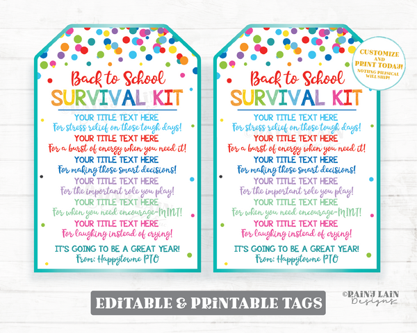 Back to School Survival Kit First Day of School Emergency Kit Tag for Teacher Appreciation Staff Gift Tag Principal PTO PTA
