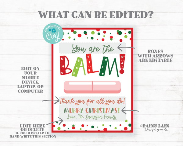 You're the Balm Card Lip Balm Chapstick Gift Tag Christmas Chappy Holidays Teacher Staff Co-Worker Employee PTO Editable Printable