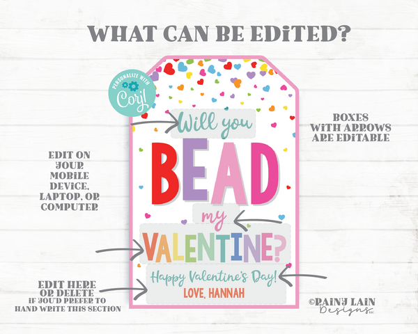 Will You Bead My Valentine Tag, Friendship Bracelet, Necklace, Valentine's Day Gift Tag, Printable Kids Preschool Classroom Non-Candy School