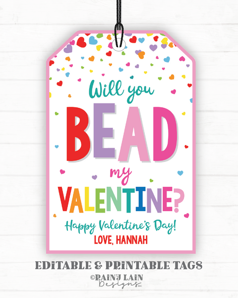 Will You Bead My Valentine Tag, Friendship Bracelet, Necklace, Valentine's Day Gift Tag, Printable Kids Preschool Classroom Non-Candy School