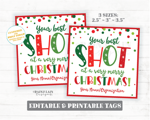 Best Shot at a Merry Christmas Square Shot Glass Tags Editable Alcohol Spirits Holiday Co-Worker Friend Gift Hostess Favor Tags
