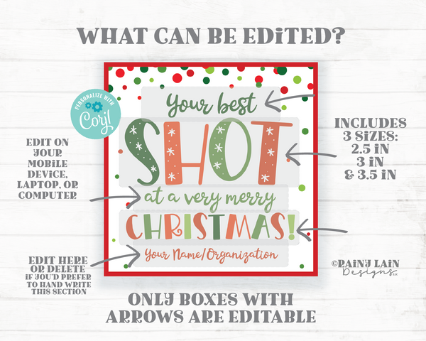 Best Shot at a Merry Christmas Square Shot Glass Tags Editable Alcohol Spirits Holiday Co-Worker Friend Gift Hostess Favor Tags