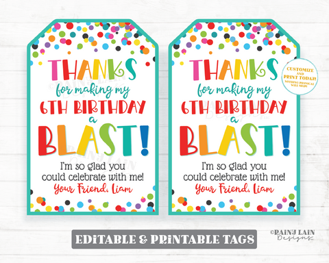 Thanks for Making My Birthday a Blast Tag, Birthday Party Favor, Water Toy Blaster, Rocket, Whoopee Cushion, Printable Kids Student Editable