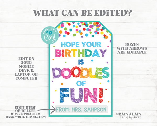 Hope your Birthday is Doodles of Fun Tag Preschool Classroom Printable Kids Gift Teacher Student Pencil Sketch Notepad